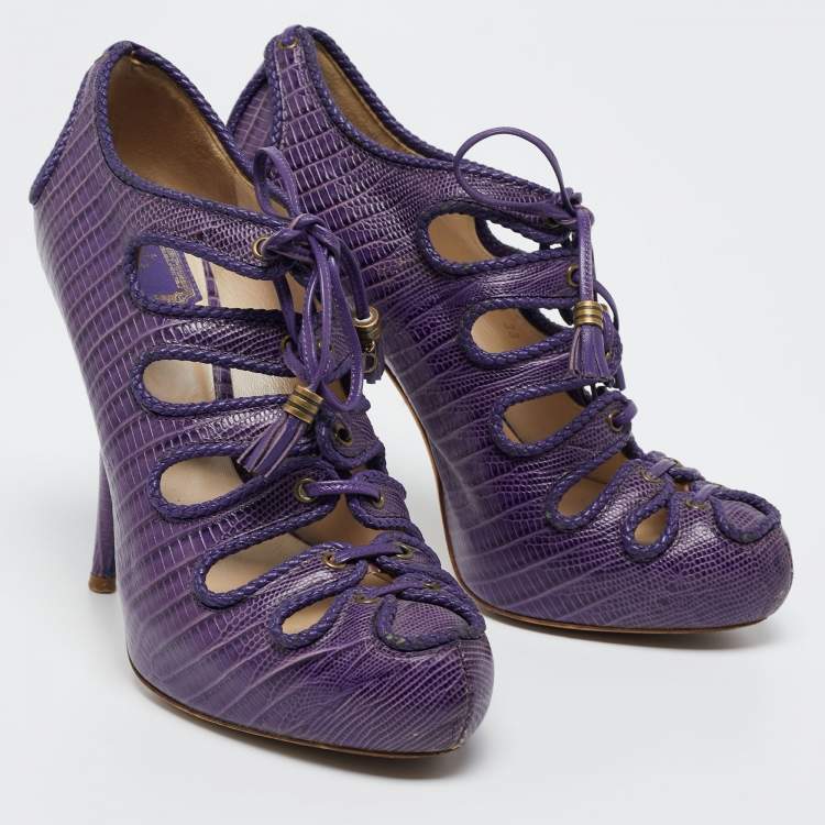Pre Owned Dior Purple Lizard Embossed Leather Cut-Out Lace-Up Ankle Booties Size 38