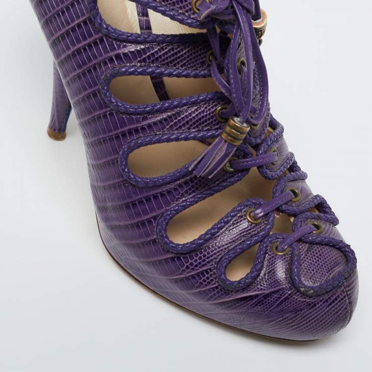 Pre Owned Dior Purple Lizard Embossed Leather Cut-Out Lace-Up Ankle Booties Size 38
