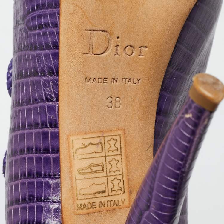 Pre Owned Dior Purple Lizard Embossed Leather Cut-Out Lace-Up Ankle Booties Size 38