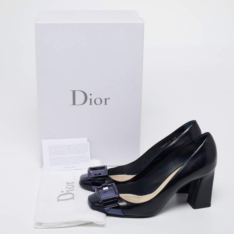 Pre Owned Dior Navy Blue Leather Buckle Detail Block Heel Pumps Size 38