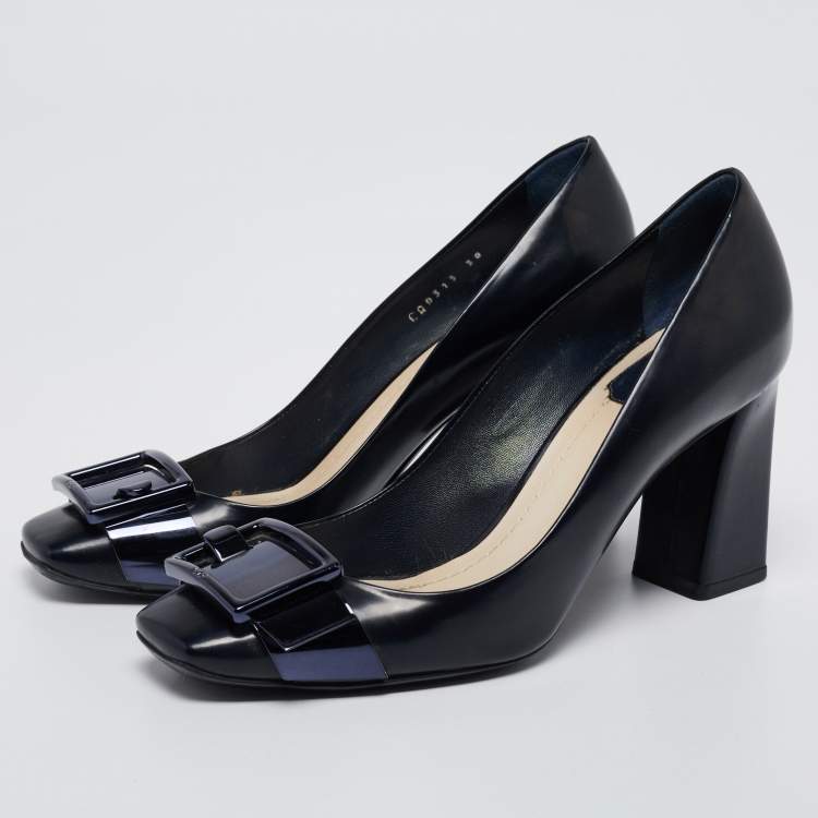 Pre Owned Dior Navy Blue Leather Buckle Detail Block Heel Pumps Size 38