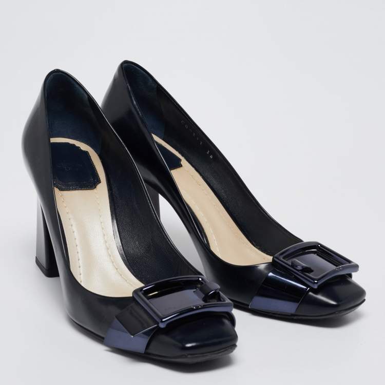 Pre Owned Dior Navy Blue Leather Buckle Detail Block Heel Pumps Size 38
