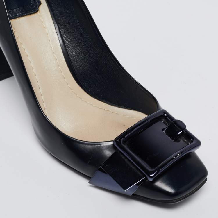 Pre Owned Dior Navy Blue Leather Buckle Detail Block Heel Pumps Size 38