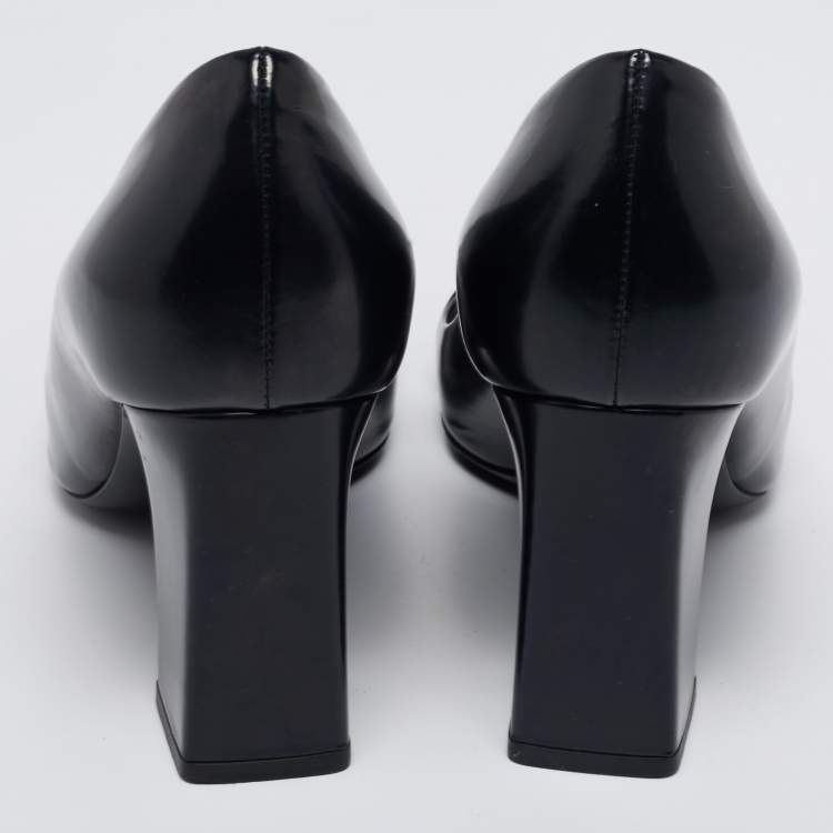 Pre Owned Dior Navy Blue Leather Buckle Detail Block Heel Pumps Size 38