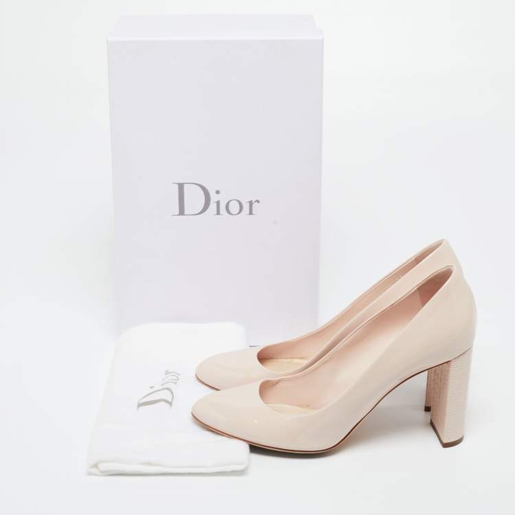 Pre Owned Dior Beige Patent Leather Cannage Block Heel Pumps Size 38
