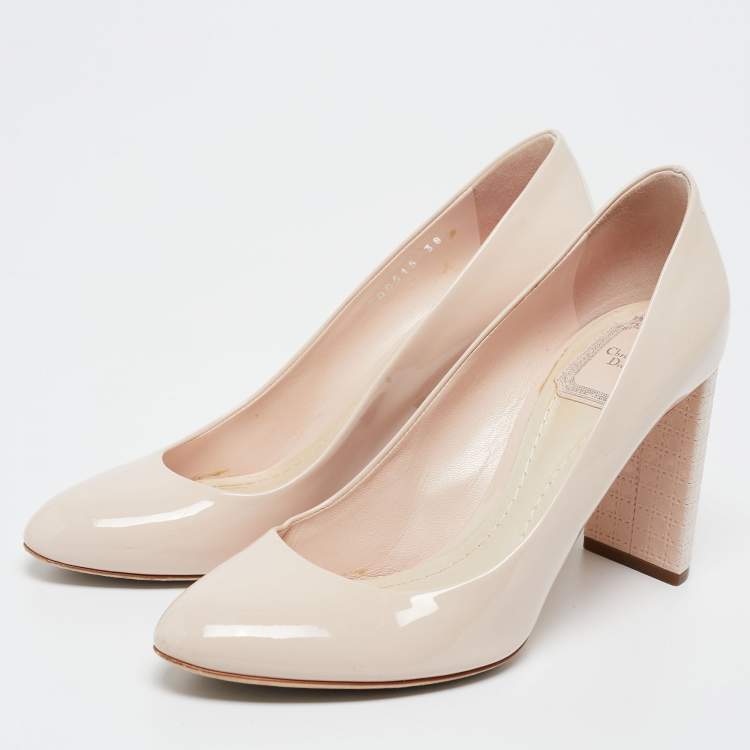 Pre Owned Dior Beige Patent Leather Cannage Block Heel Pumps Size 38