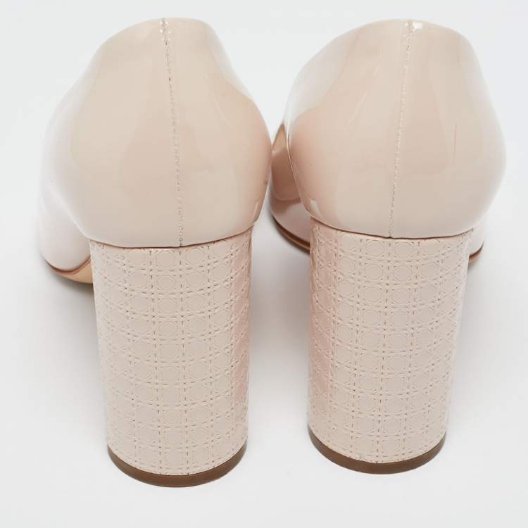 Pre Owned Dior Beige Patent Leather Cannage Block Heel Pumps Size 38