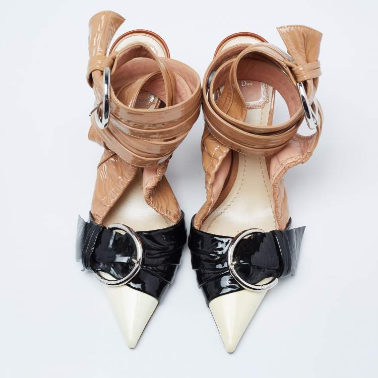 Pre Owned Dior Tri-Color Patent Leather Conquest Buckle Ankle Wrap Pumps Size 36.5