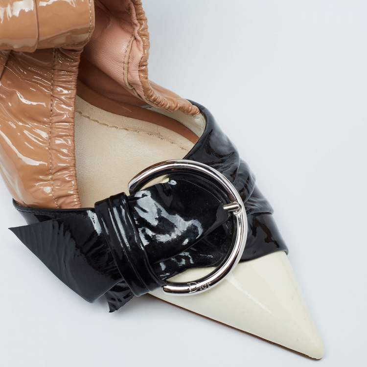 Pre Owned Dior Tri-Color Patent Leather Conquest Buckle Ankle Wrap Pumps Size 36.5