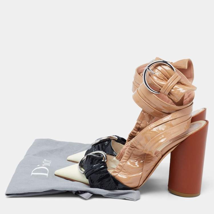 Pre Owned Dior Tri-Color Patent Leather Conquest Buckle Ankle Wrap Pumps Size 36.5