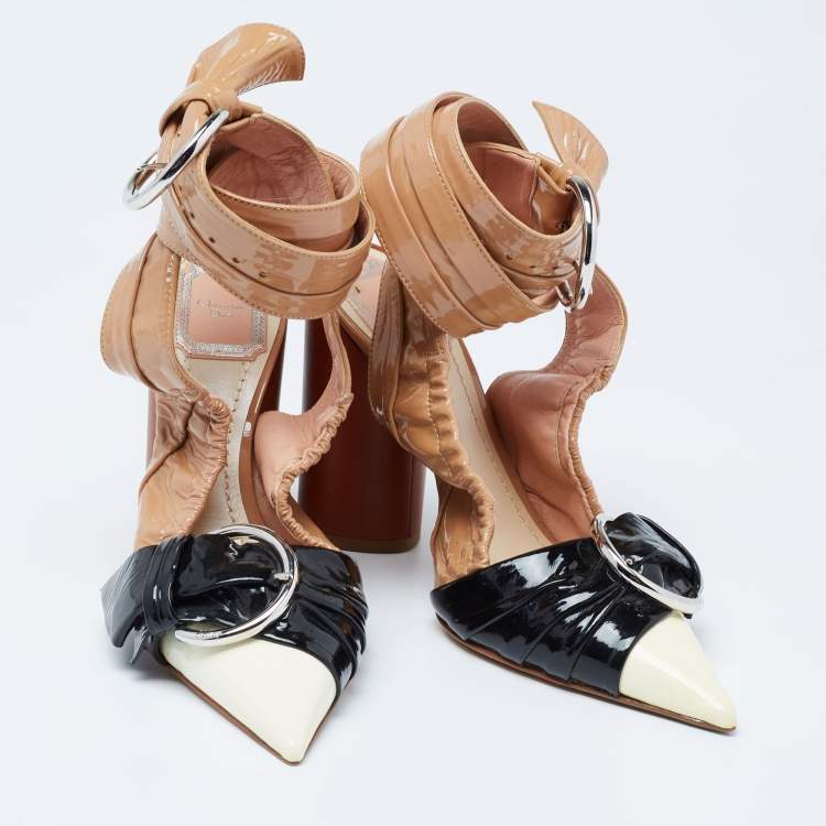 Pre Owned Dior Tri-Color Patent Leather Conquest Buckle Ankle Wrap Pumps Size 36.5