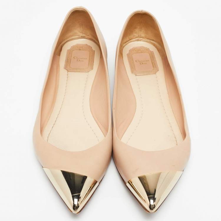 Pre Owned Dior Beige Leather Metal Cap Pointed Toe Ballet Flats Size 41
