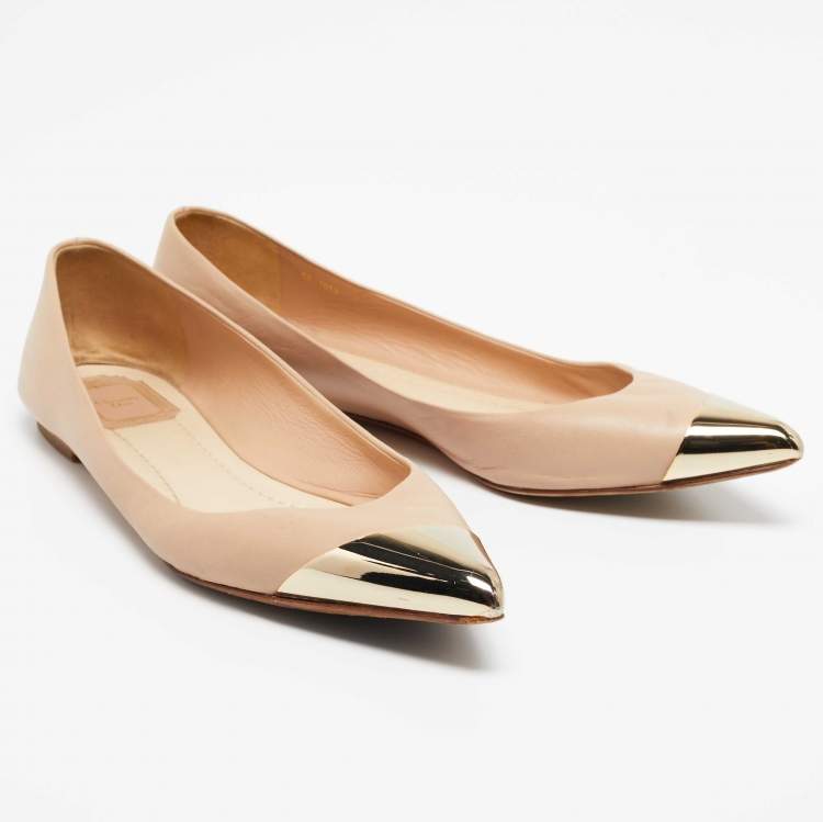 Pre Owned Dior Beige Leather Metal Cap Pointed Toe Ballet Flats Size 41