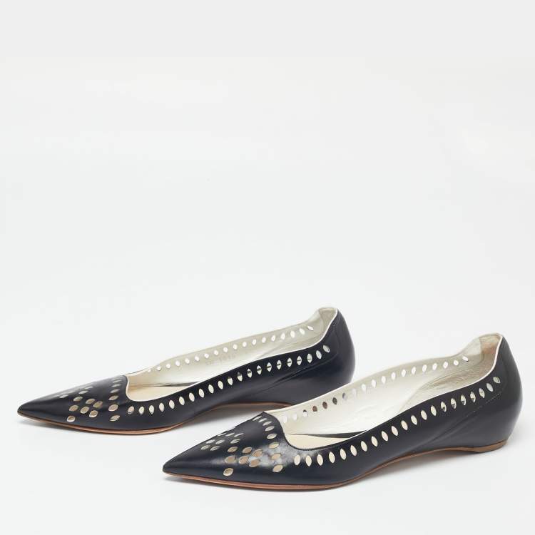 مملوكة مسبقًا Dior Black Laser-Cut Leather Pointed-Toe Ballet Flats Size 40