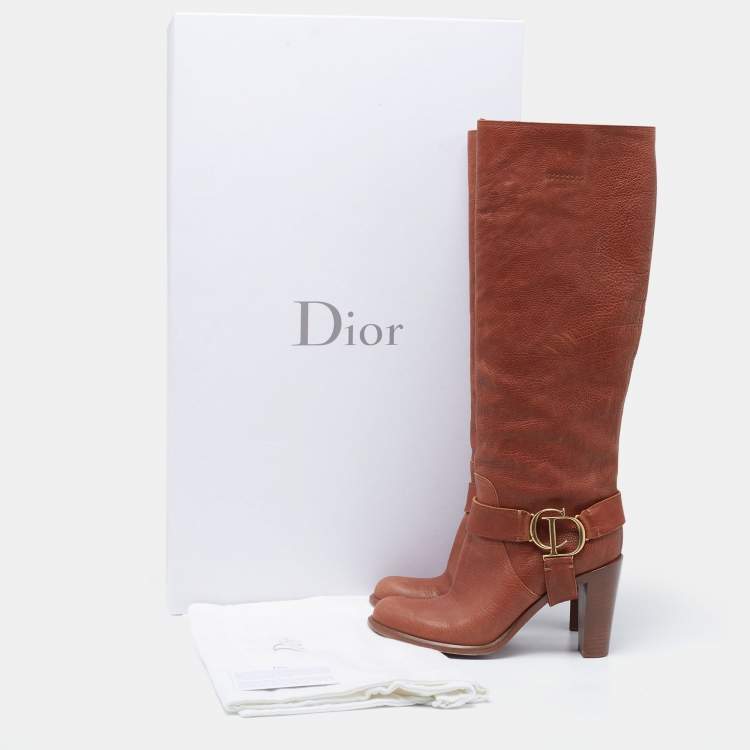 Pre Owned Dior Brown Leather CD Logo Knee Length Boots Size 38