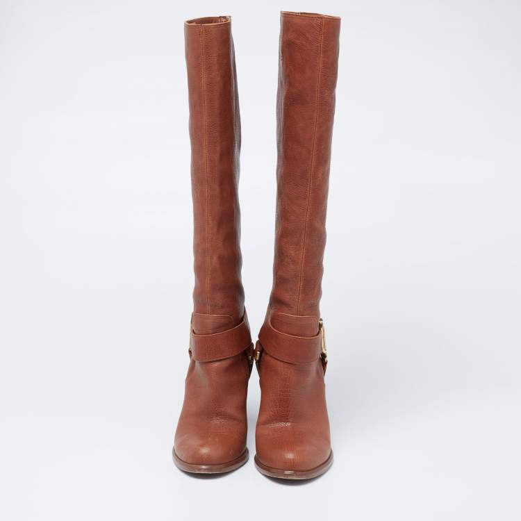 Pre Owned Dior Brown Leather CD Logo Knee Length Boots Size 38