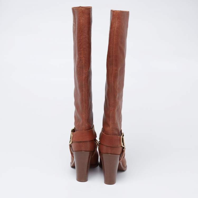 Pre Owned Dior Brown Leather CD Logo Knee Length Boots Size 38