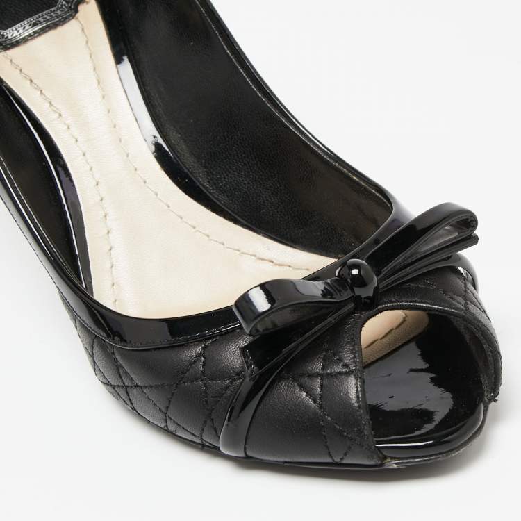 Pre Owned Dior Black Quilted Cannage Leather And Patent  Bow Detail Peep Toe Pumps Size 39.5