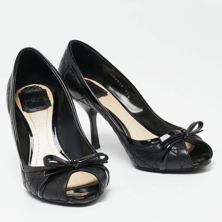 Pre Owned Dior Black Quilted Cannage Leather And Patent  Bow Detail Peep Toe Pumps Size 39.5
