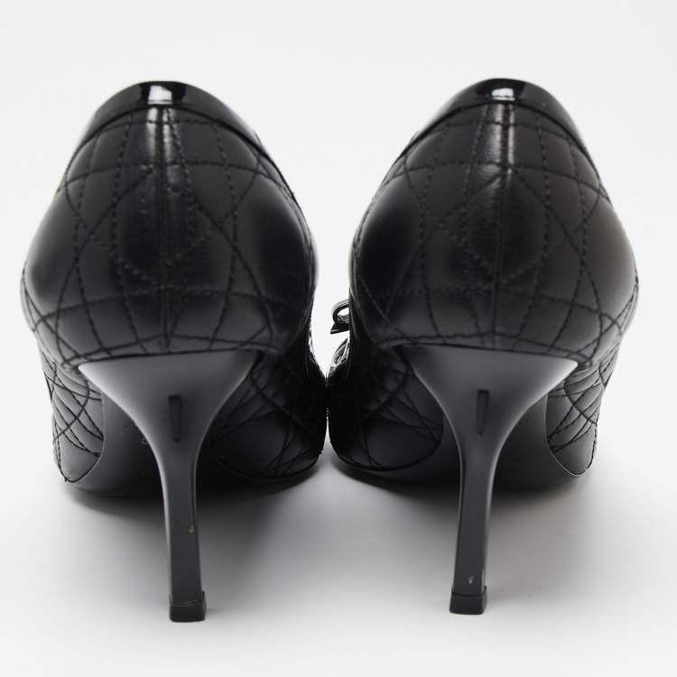 Pre Owned Dior Black Quilted Cannage Leather And Patent  Bow Detail Peep Toe Pumps Size 39.5
