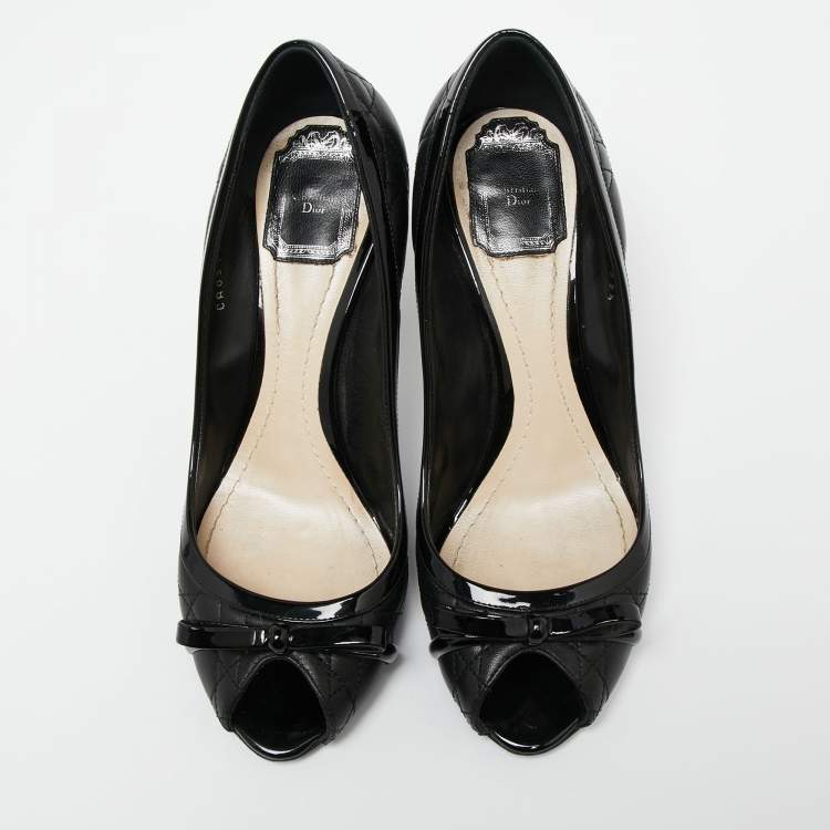 Pre Owned Dior Black Quilted Cannage Leather And Patent  Bow Detail Peep Toe Pumps Size 39.5