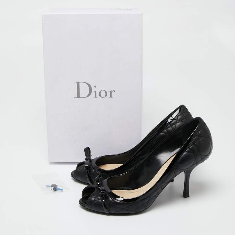 Pre Owned Dior Black Quilted Cannage Leather And Patent  Bow Detail Peep Toe Pumps Size 39.5