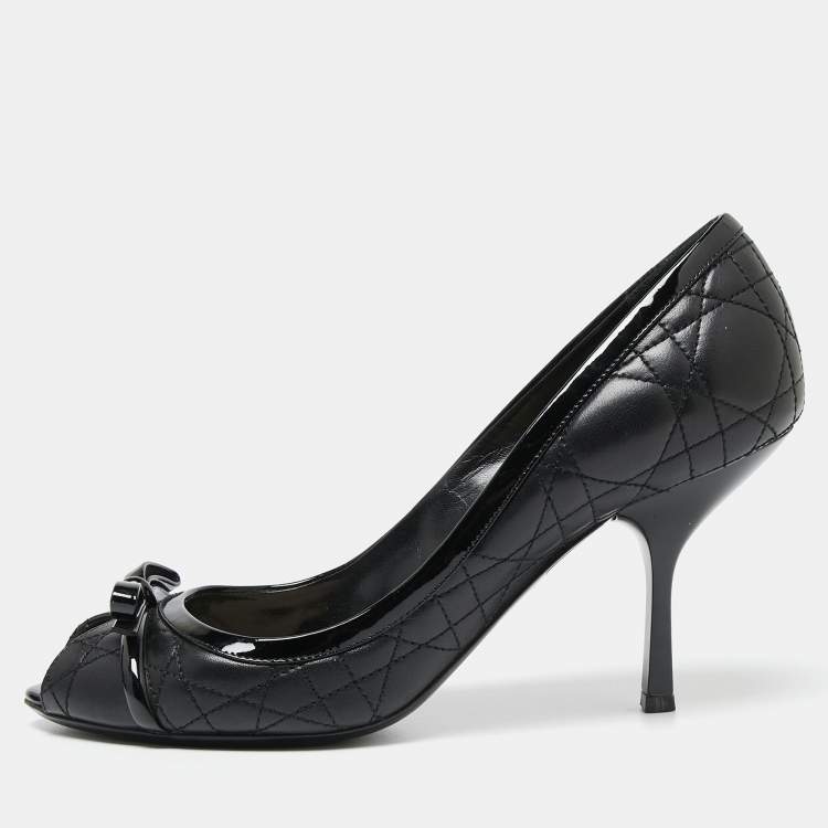 Pre Owned Dior Black Quilted Cannage Leather And Patent  Bow Detail Peep Toe Pumps Size 39.5