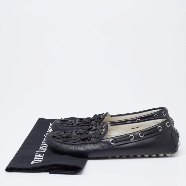 Pre Owned Dior Black Leather Flower Embellished Driving Slip on Loafers Size 38