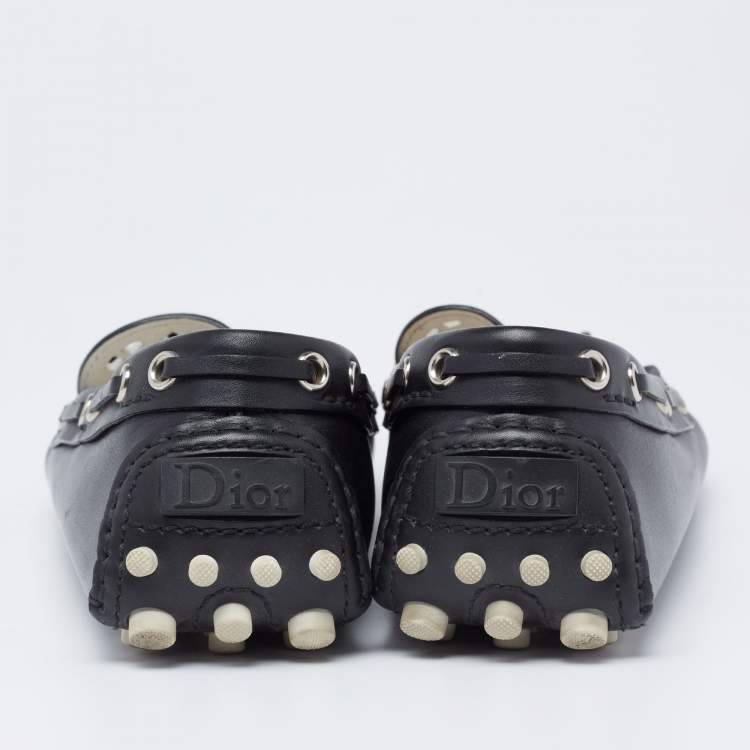 Pre Owned Dior Black Leather Flower Embellished Driving Slip on Loafers Size 38