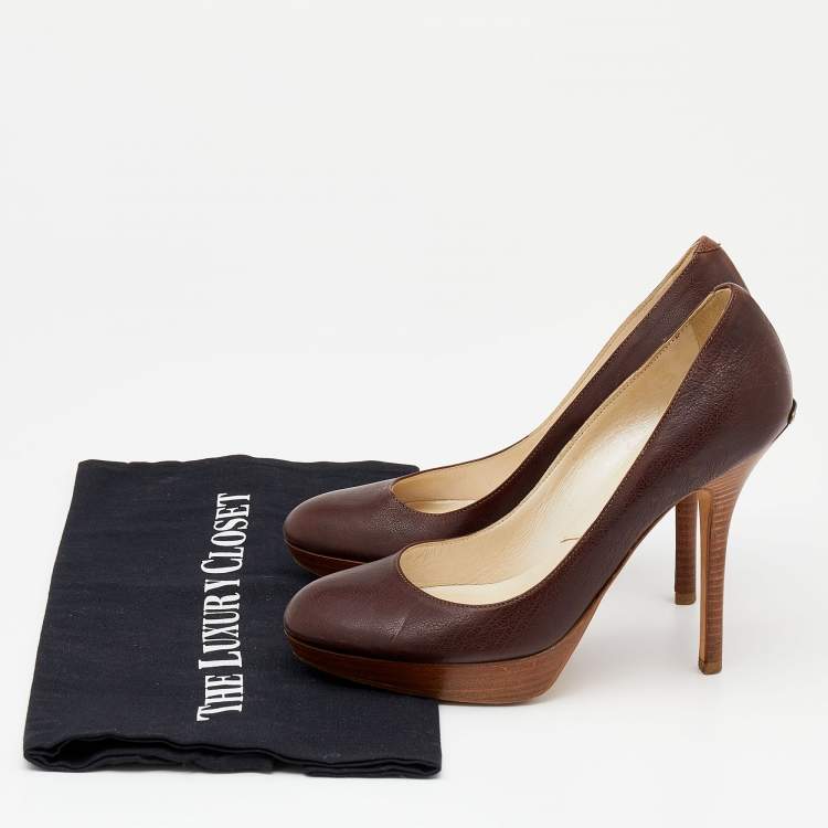 Pre Owned Dior Dark Brown Leather Wooden Platform Pumps Size 36