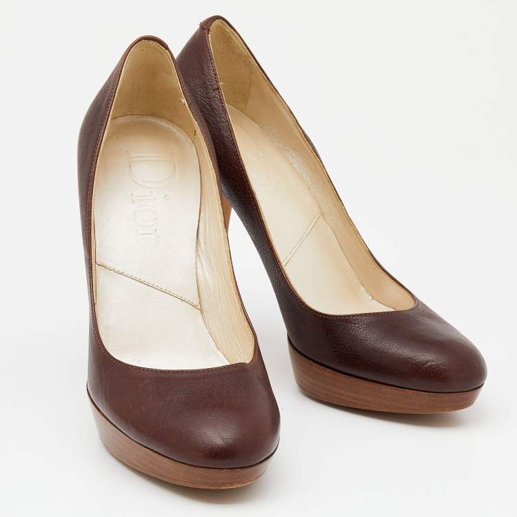 Pre Owned Dior Dark Brown Leather Wooden Platform Pumps Size 36