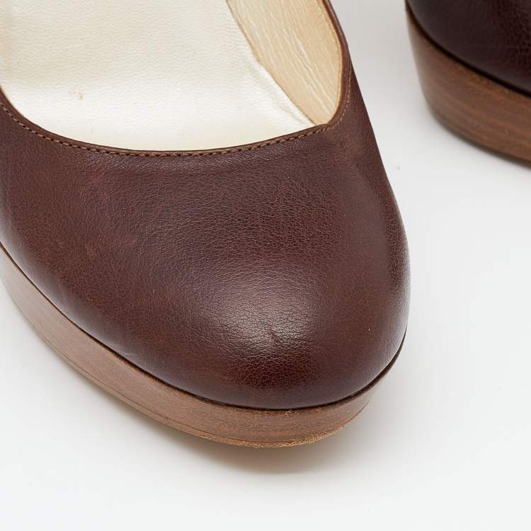 Pre Owned Dior Dark Brown Leather Wooden Platform Pumps Size 36