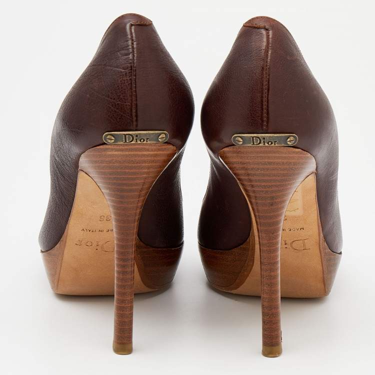 Pre Owned Dior Dark Brown Leather Wooden Platform Pumps Size 36