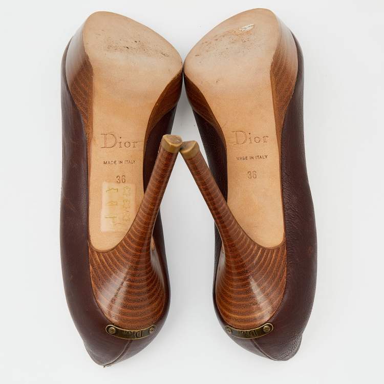 Pre Owned Dior Dark Brown Leather Wooden Platform Pumps Size 36