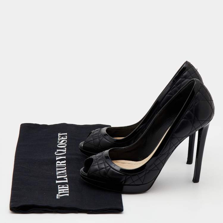 Pre Owned Dior Black Quilted Cannage Leather And Patent Trim Peep Toe Pumps Size 37