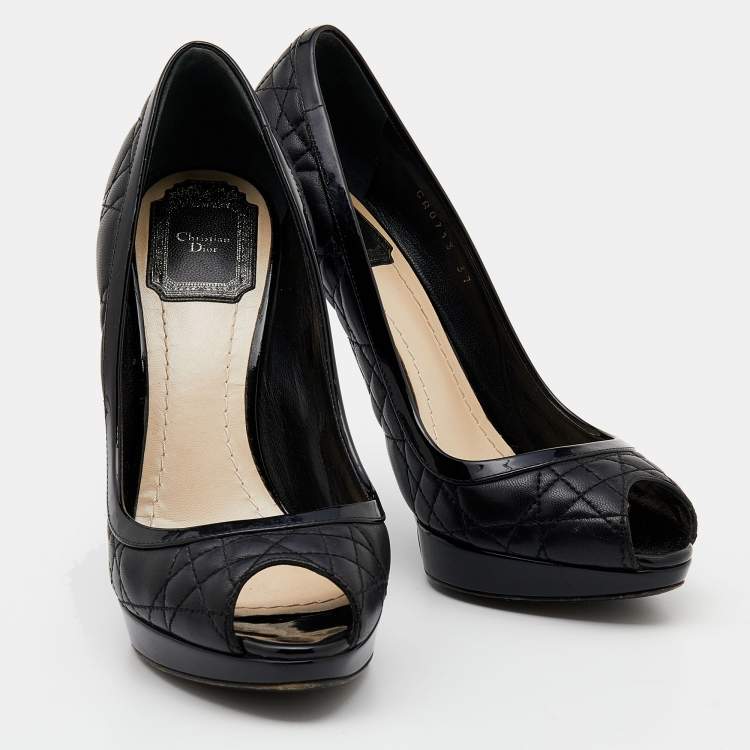 Pre Owned Dior Black Quilted Cannage Leather And Patent Trim Peep Toe Pumps Size 37