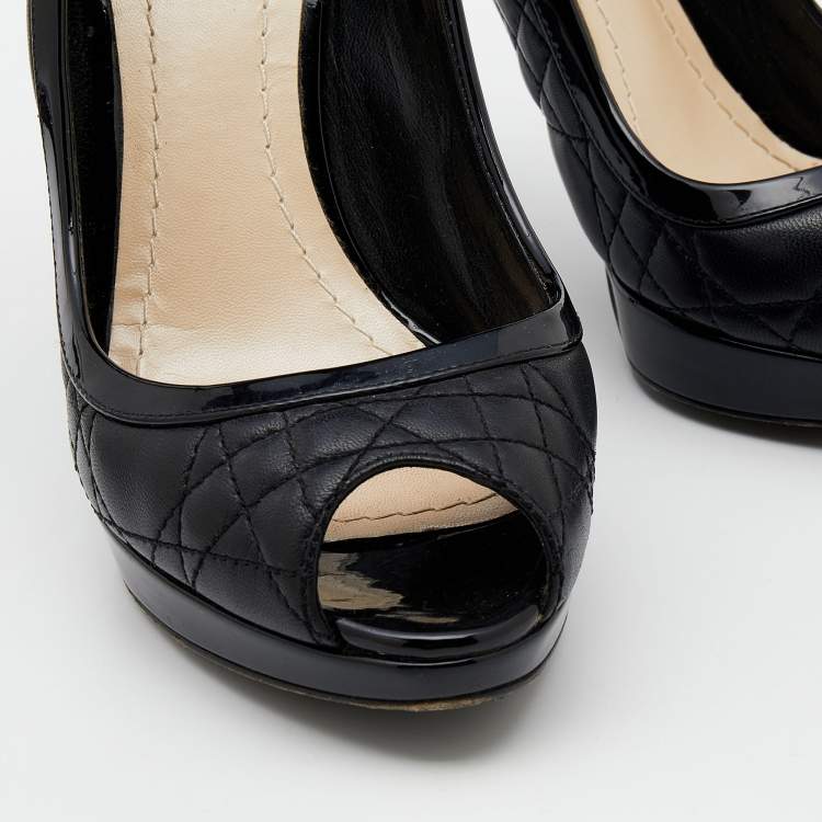 Pre Owned Dior Black Quilted Cannage Leather And Patent Trim Peep Toe Pumps Size 37