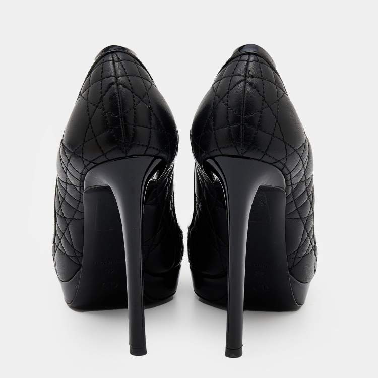 Pre Owned Dior Black Quilted Cannage Leather And Patent Trim Peep Toe Pumps Size 37