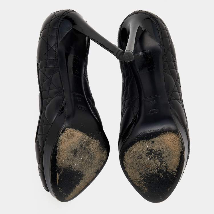 Pre Owned Dior Black Quilted Cannage Leather And Patent Trim Peep Toe Pumps Size 37