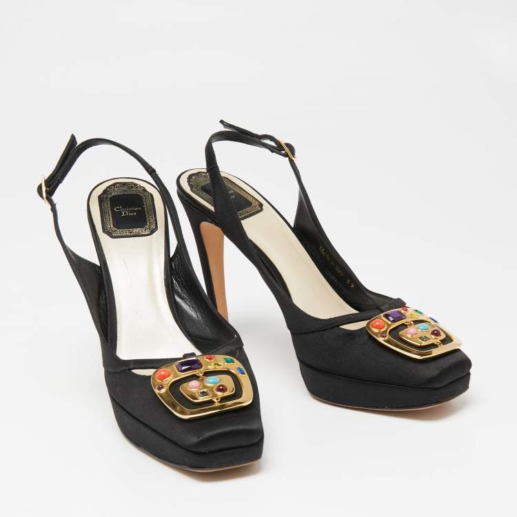 Pre Owned Dior Black Satin Crystal Embellished Buckle Slingback Pumps Size 39