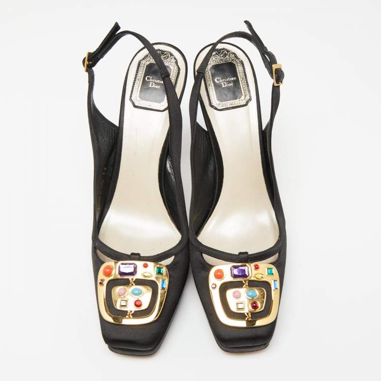 Pre Owned Dior Black Satin Crystal Embellished Buckle Slingback Pumps Size 39