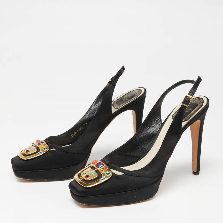 Pre Owned Dior Black Satin Crystal Embellished Buckle Slingback Pumps Size 39