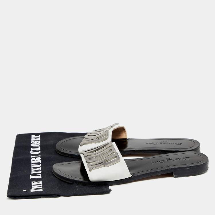 Pre Owned Dior White Leather Revolution Logo Flat Slides Size 39