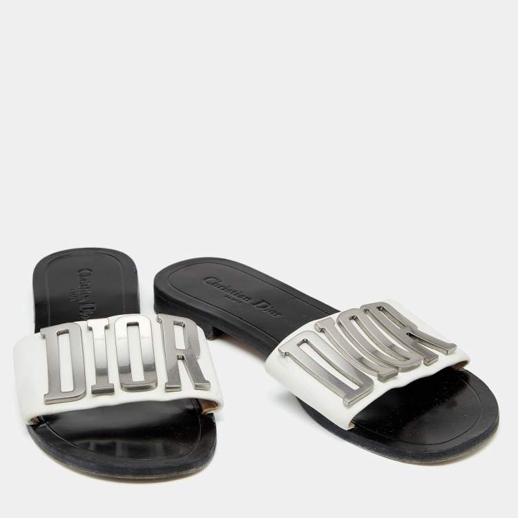Pre Owned Dior White Leather Revolution Logo Flat Slides Size 39