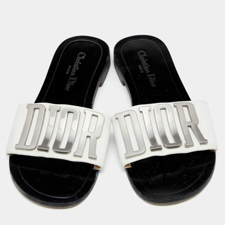 Pre Owned Dior White Leather Revolution Logo Flat Slides Size 39