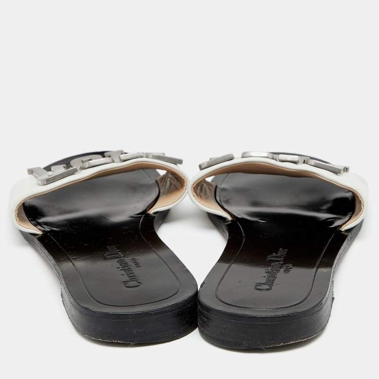 Pre Owned Dior White Leather Revolution Logo Flat Slides Size 39