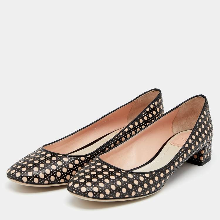 Pre Owned Dior Black/Beige Cannage Cutout Leather Block Heel Pumps Size 39.5