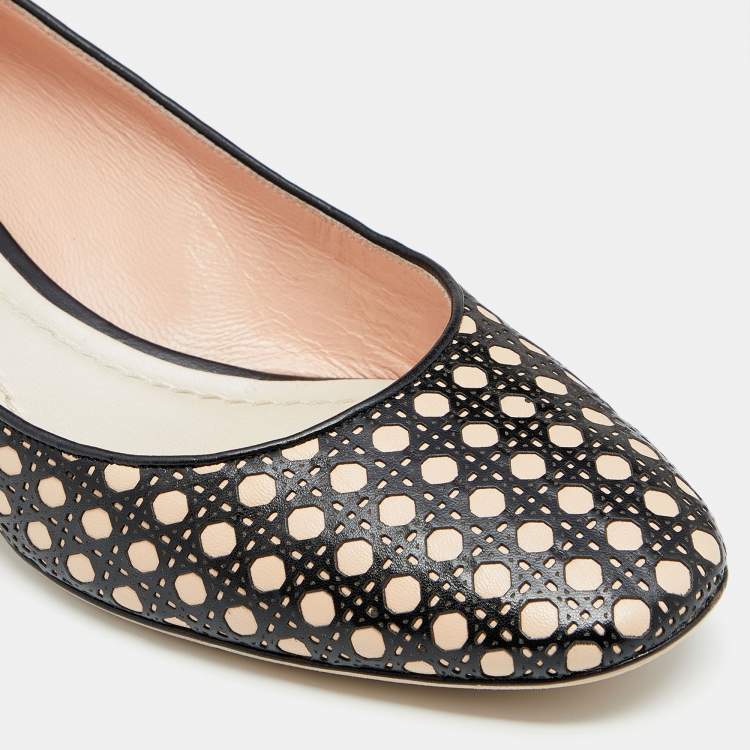 Pre Owned Dior Black/Beige Cannage Cutout Leather Block Heel Pumps Size 39.5