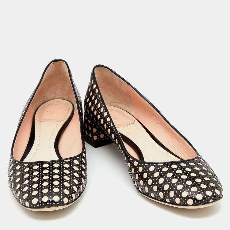 Pre Owned Dior Black/Beige Cannage Cutout Leather Block Heel Pumps Size 39.5