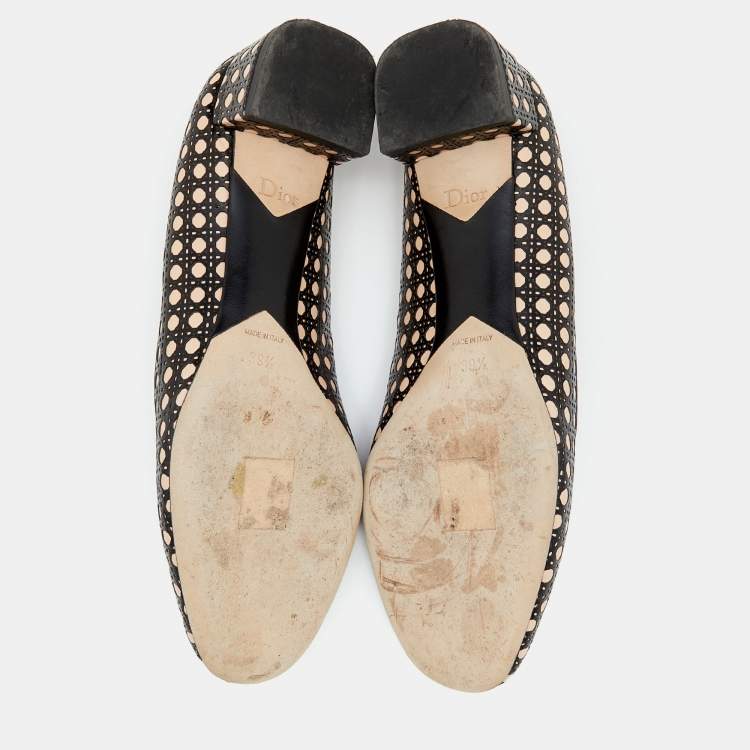 Pre Owned Dior Black/Beige Cannage Cutout Leather Block Heel Pumps Size 39.5